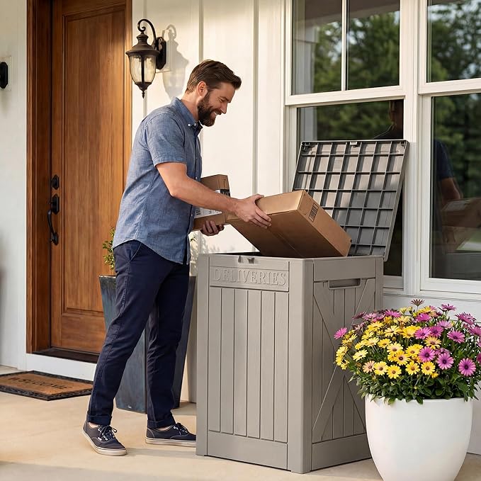 Lockable Outdoor Storage Box 52 Gallon, All-Weather Resin Deck Box for Patio, Garden, Pool, Organizes Furniture Cushions, Gardening Tools, Pool Accessories, Coffee
