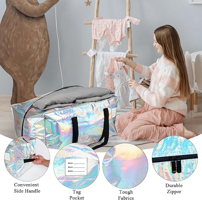 6 Pack Extra Heavy Duty Large Moving Bags with Comfortable Handle & Strong Zipper,Storage Totes for Space Saving Moving Storage College Supplies Alternative to Moving Box,Iridescent