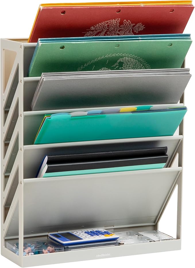 Mind Reader 5-Tier Vertical File Storage, Desktop Organizer, Wall Mount, Office, Plastic, 13"L x 4.25"W x 16"H, Beige