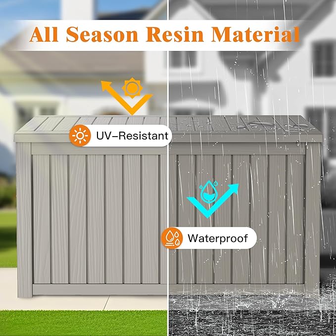 200 Gallon Outdoor Storage Box, Waterproof Deck Box with Handles and Lockable Lid, Resin Patio Storage Box with Hydraulic Rods for Garden Tools, Cushions, Grey