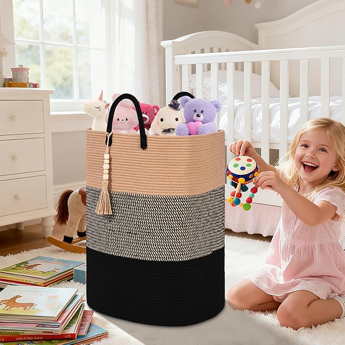 Woven Laundry Basket for Clothes, 80 L Large Rectangle Laundry Hampers with Beads Tassel, Nursery Storage Basket for Toys, Tall Dirty Clothes Hamper for Bedroom Aesthetic, Laundry Room Organization