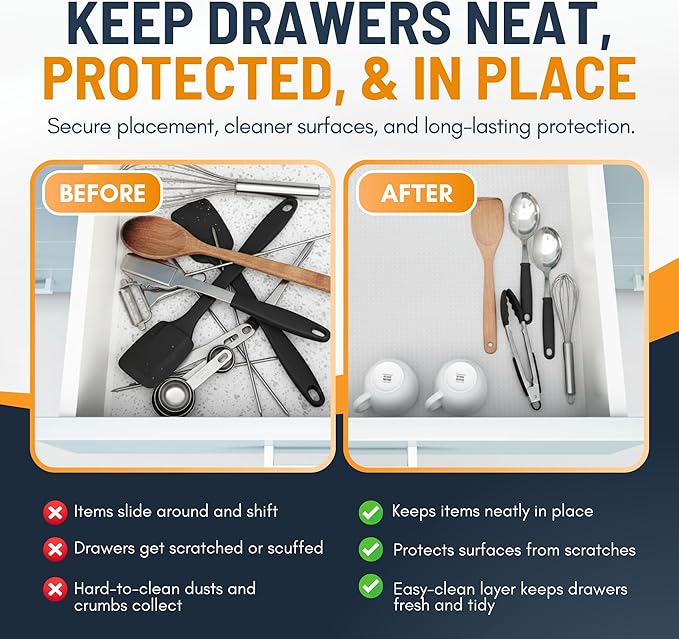 Shelf Liner Drawer Liner for Kitchen Cabinets Non-Adhesive by Linda’s Essentials (12 x 240 Inches) - Non-Slip Easy Clean Kitchen Cabinet and Cupboard Protector, Waterproof Mat, Clear Roll