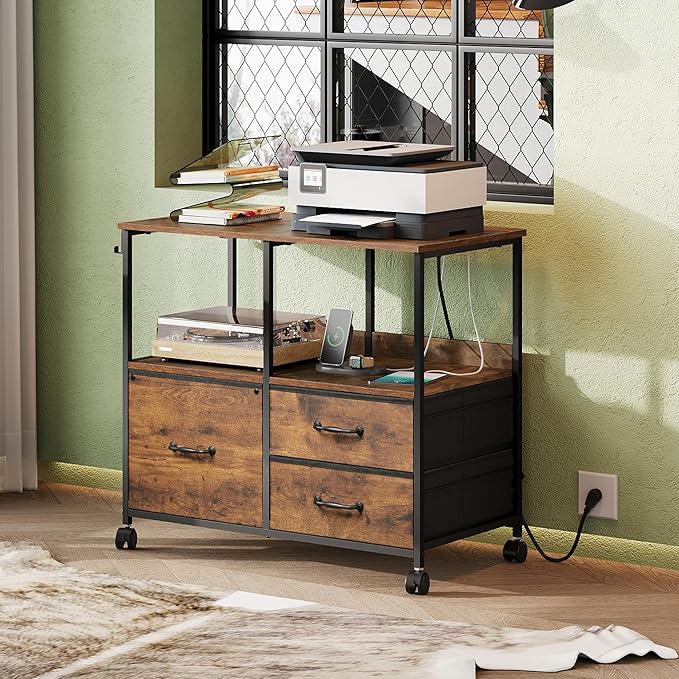 DEVAISE 3 Drawer Mobile File Cabinet, Rolling Printer Stand with Storage Shelf, Fabric Lateral Filing Cabinet fits A4 or Letter Size, Adjustable Shelf for Home Office, Rustic Brown