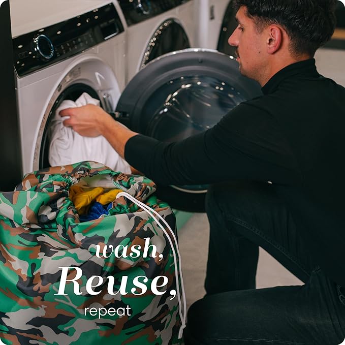 Nylon Laundry Bag - Locking Drawstring Closure and Machine Washable. These Large Bags will Fit a Laundry Basket or Hamper and Strong Enough to Carry up to Three Loads of Clothes. (Camouflage)