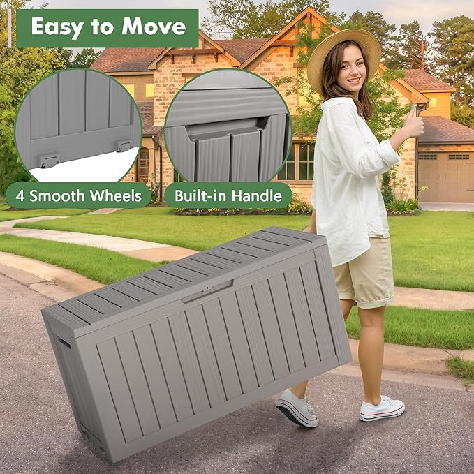 NUNU LAB Outdoor Storage Box, 80 Gallon Large Resin Sturdy Deck Box, Backyard Outside Storage Box Waterproof, Package Delivery Garden Hose Storage Bin Tool, Gray