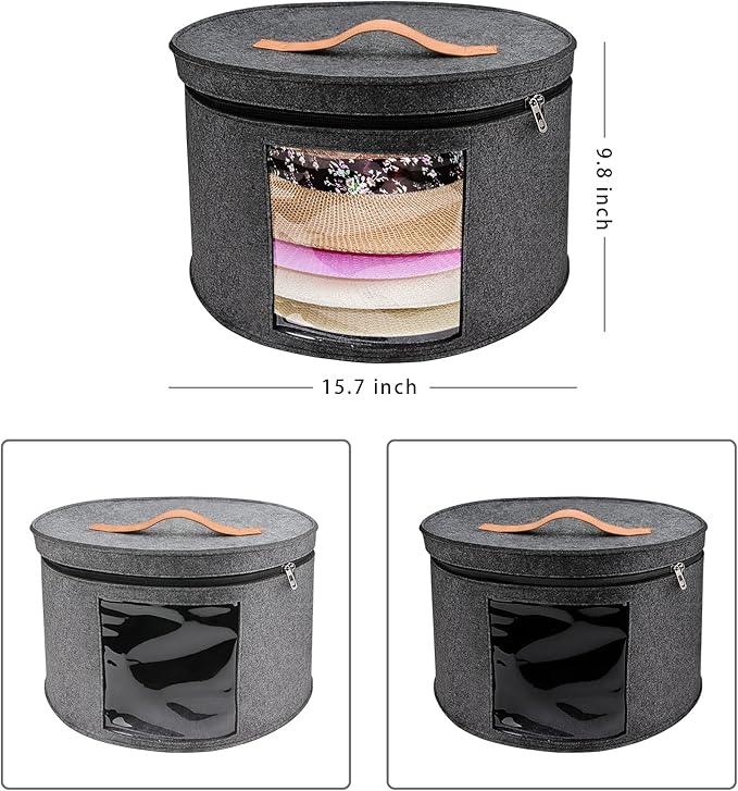 Large Hat Storage Box for Women & Men, 16" D x 10" H Hat Box Organizer，Foldable Round Travel Hat Boxes with Dustproof Lid, Stuffed Toy Storage Bin Bag (Dark Gray)