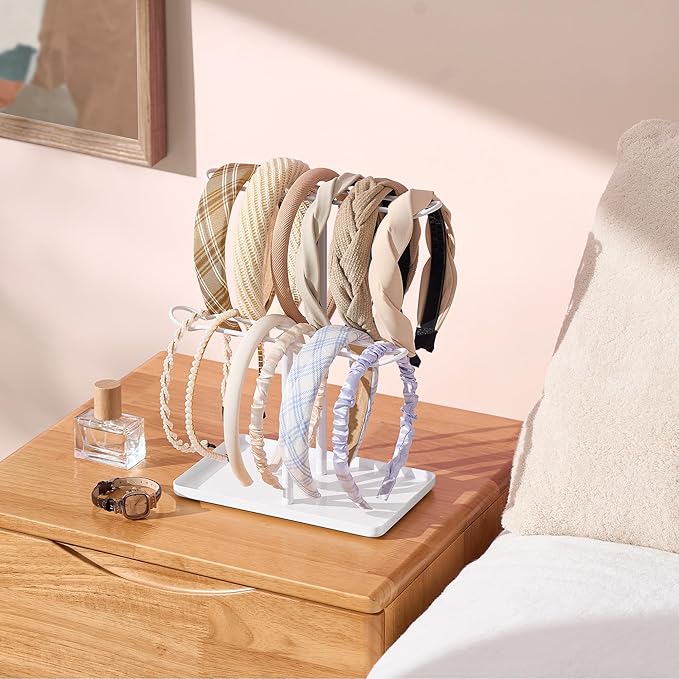 Headband Holder Organizer for Hair Accessories: Headband Storage Vanity Hair Clip Organizer, Two-Tier Stand with Storage Tray for Girls Women, Jewelry Necklace Rack for Vanity, Bathroom, White