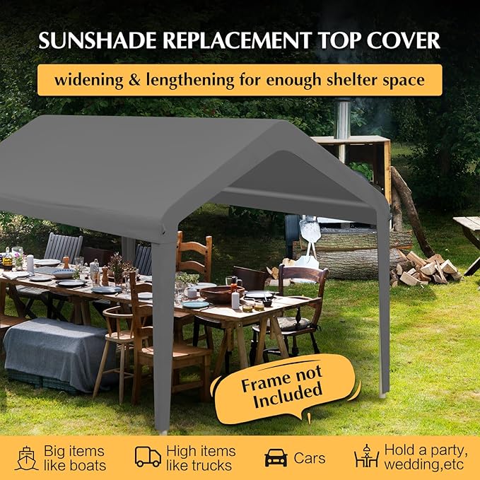 12x20 Canopy Replacement Cover, Carport Replacement Top Cover for 12' x 20' Frame, 800D Heavy Duty Waterproof & UV Protected Car Canopy with Ball Bungees (Frame is not Included) (Gray)