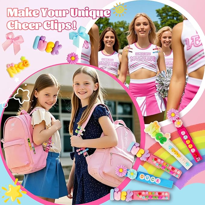 50-Pack Cheer Pins Kits-50pcs 2.9 Inch Wooden Clothespins 10 Colors, 58 Resin Charms, 2 Gem Stickers, 200 Letter Beads for Team Spirit, Classroom Crafts & Cheerleading Accessories with Glue & Tools