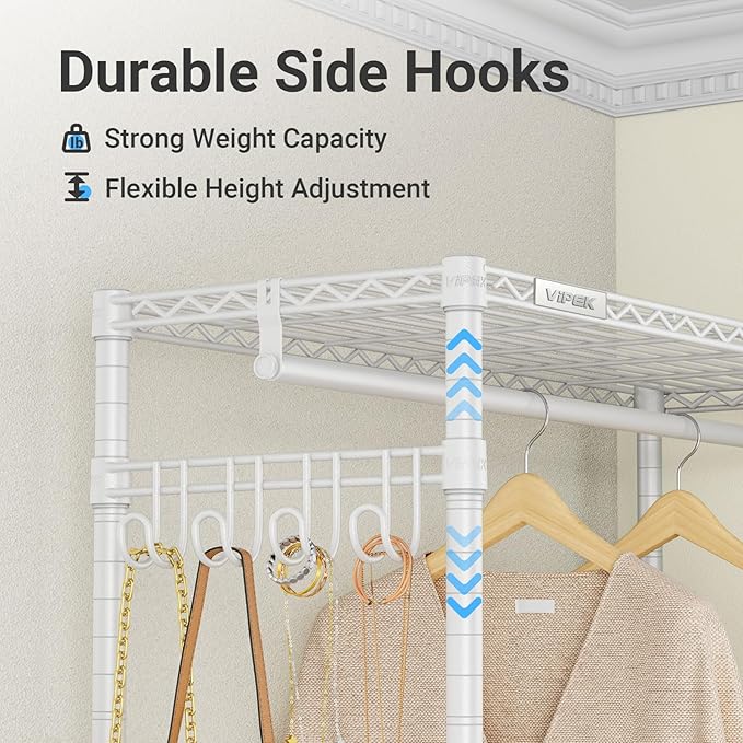 VIPEK R2 Plus Rolling Garment Rack 3 Tiers Adjustable Wire Shelving Clothes Racks with Wheels, Freestanding Wardrobe Storage Rack Heavy Duty Metal Clothing Racks for Hanging Clothes, White
