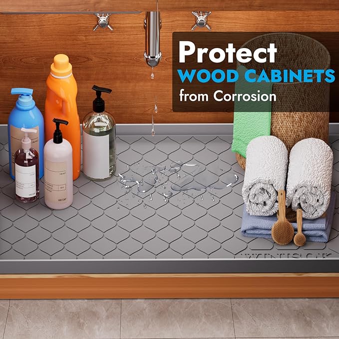 Silicone Under Sink Mat 22" x 22", kitchen Essentials and Gadgets, Shelf liner and Cabinet Protector, Home Organizers and Storage, Waterproof Bathroom Tray