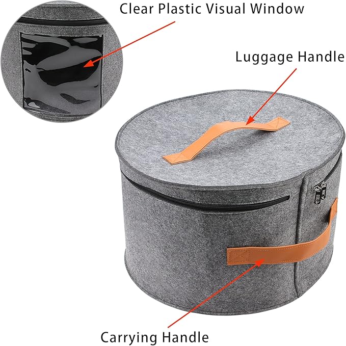 Large Hat Storage Box for Women & Men, 16" D x 10" H Hat Box Organizer，Foldable Round Travel Hat Boxes with Dustproof Lid, Stuffed Toy Storage Bin Bag (Medium Gray)
