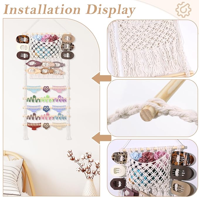 SNOWSTAR Macrame Hair Claw Clip Organizer,Large Capacity Mesh Bag Scrunchies Holder and Hair Ties Organizer for Women Girls,Hair Accessorie Hanging Storage Home Decor Wall,Door