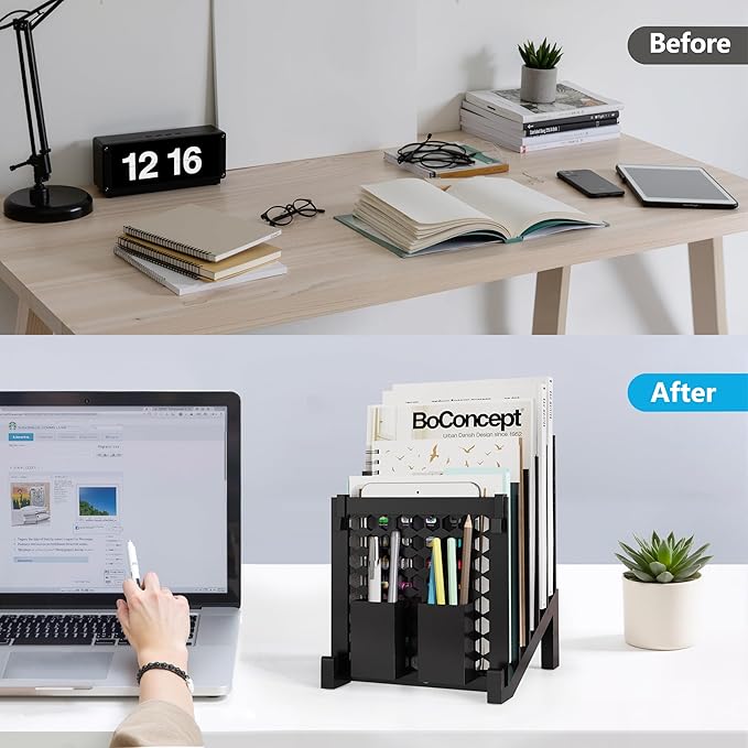 File Organizer for Desk with Storage Box & Hook, Inclined Desk File Organizer with 5-Section Vertical File Holder suitable for Home Office Document Organization（Black）