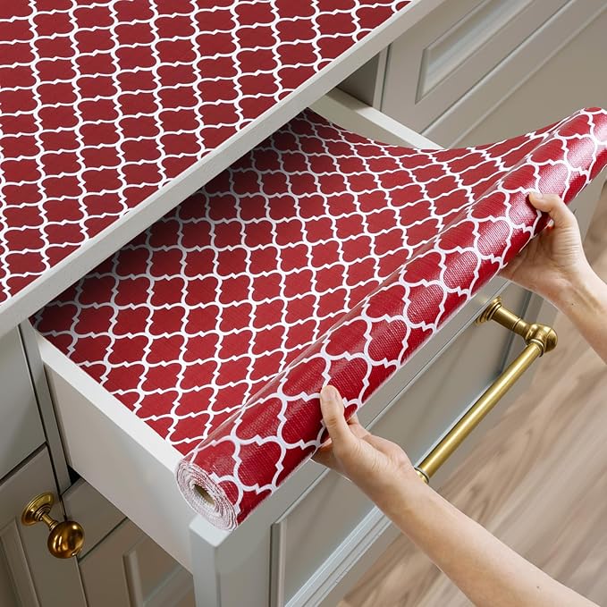 Shelf and Drawer Liner for Kitchen Cabinets Non-Adhesive, Strong Grip Non-Slip Thickened Cabinet Liners for Shelves, Waterproof Mats for Dresser Cupboard, Red/White, 23 in x 10 Feet
