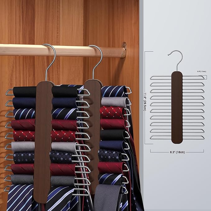 Tie Hanger,Tie Organizer for Closet 20 Storage Capacity,Wooden Necktie Organizer Tie Holder,360 Degree Rotating Accessory Organizers for Tie,Belt,Scarf