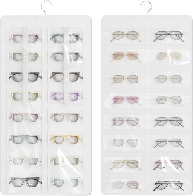 Hanging Sunglasses Organizer and Storage, Dual-Sided Sunglasses Case and Jewelry Holder, Wall-Mounted, 32 Clear Slots, Dust-Proof, Roof Design for Travel, White