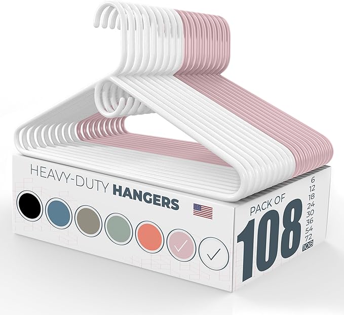 Neaties Heavy Duty Clothes Hangers 100 Pack (108 Count) – Made in The USA – 8lb Capacity Plastic Hangers for Adult Clothing – Durable for Pants, Coats, Jackets, or Jeans – White & Pink