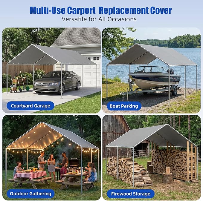 10x20Ft Carport Replacement Canopy Cover, Heavy Duty Waterproof Garage Top Shelter Cover Car Canopy with Ball Bungees (Gray, 10 * 20ft)