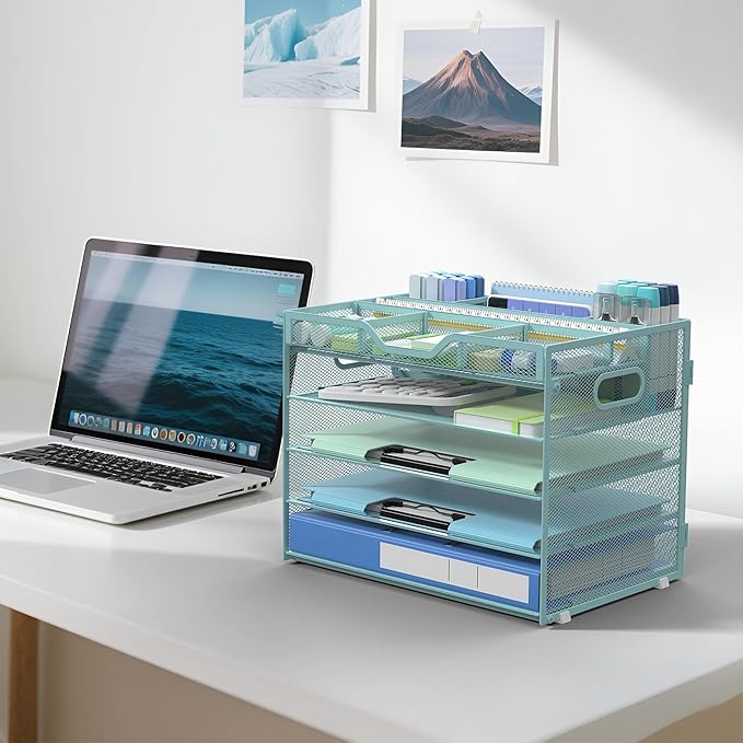 Docnest 5 Tier Mesh Desk Organizer- Letter Tray with Adjustable Compartments, Mesh Desktop Storage Built in Pen Holder and Handles, Desk Organizer Tray for Mail Documents Office Supplies-Blue