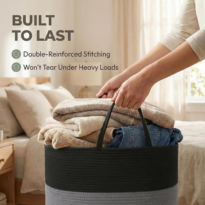 115L Extra Large Blanket Basket for Living Room - Woven Cotton Rope Laundry Hamper with Reinforced Handles - Storage Bin for Pillows, Comforters & Toys - Machine Washable, Black&Grey
