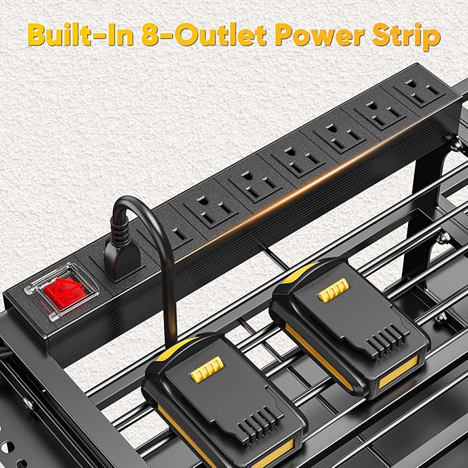49.5" W Large Power Tool Organizer Wall Mount with Charging Station, 4 Tier Heavy Duty 12 Cordless Drills Holder Load 800 lb, Tool Battery Storage Rack Built in 8 Outlet Power Strip for Garage
