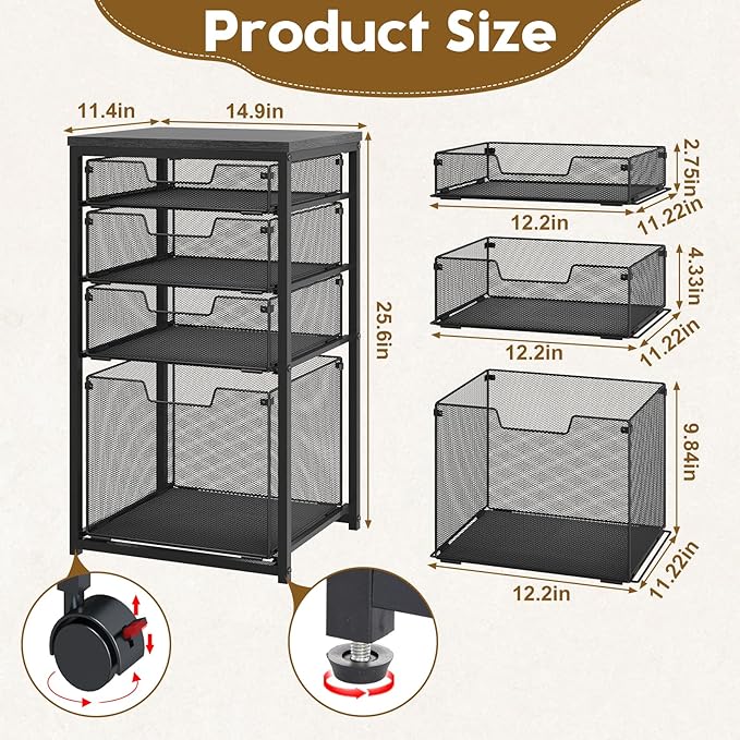 Rolling File Cart with 4 Storage Drawers, Filing Cabinet for Home Office, Hanging File Folder Organizer with Wheels Under Desk, Utility Craft Cart Printer Stand, Black