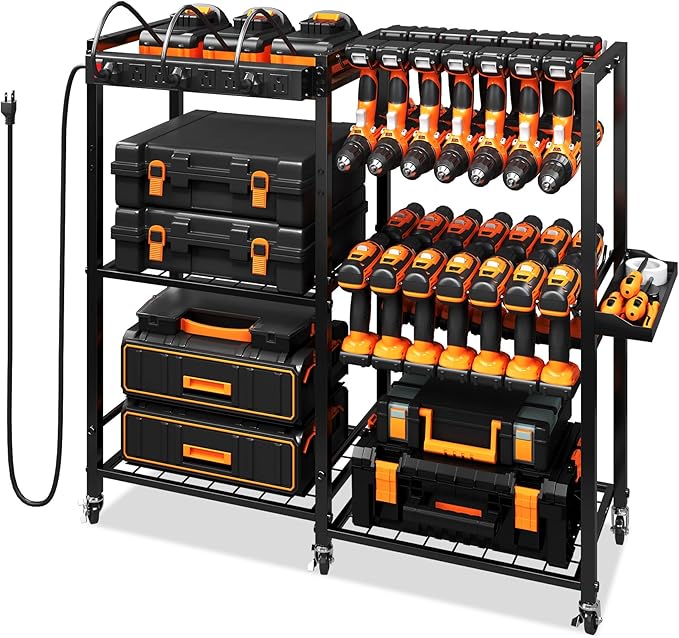 TC-HOMENY Power Tool Organizer Cart with Charging Power Strip, 28 Drill Tool Garage large Storage Racks with Wheels, Heavy Duty Tools Organizer Station, Festive Gifts for Men Dads