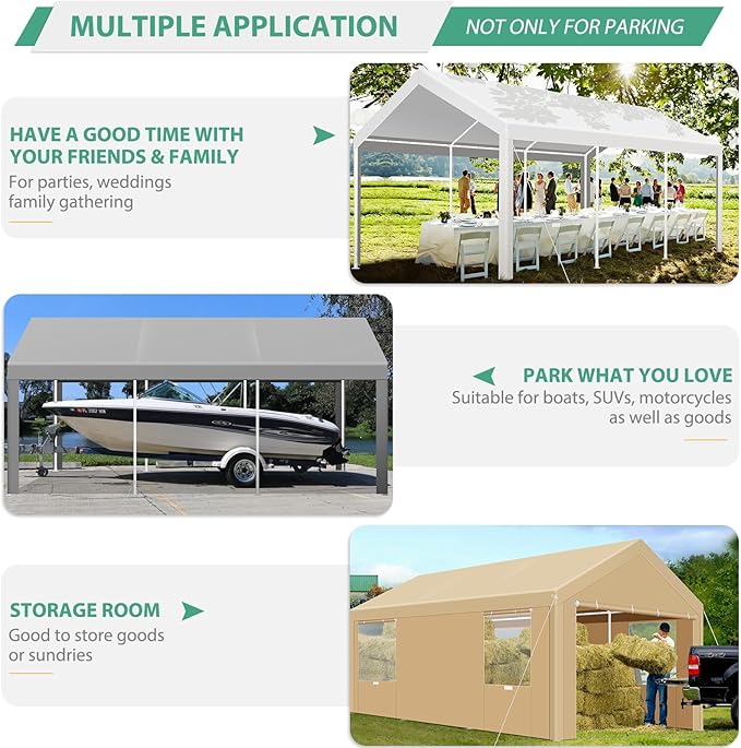 COBIZI Carport 10x20FT Heavy Duty Portable Garage, 3.0 Powder Coated Frame(Better Than Galvanized), Waterproof Shelter with Removable Sidewalls & Windows, Built-in Sandbags, for Car/Boat/SUV, Gray