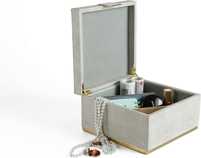 WV Ivory Shagreen Square Decorative Organizer for Home Decor - Faux Leather Storage Jewelry Box - Men's Accessories, Women's Cosmetic Shelf Organizer (Ivory, 9.8x9.8 inch)
