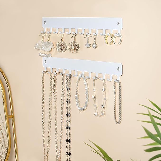 Drill-In Necklace Organizer: Sturdy Necklace Holder Wall Mounted with Hooks for Tangle-Free Jewelry Storage – Space-Saving Wall Necklace Hanger, White, 2 PCS