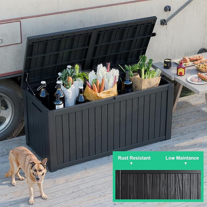180 Gallon Outdoor Deck Box,Waterproof Resin Outdoor Storage Boxes, Outside Storage Lockable Container for Garden Tools,Indooor Cushions,Accessories (Black)