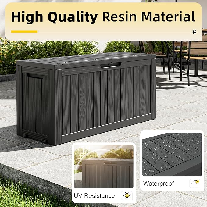 82 Gallon Outdoor Storage Box, Resin Deck Boxes Outdoor Waterproof For Patio Furniture, Garden Tools, Pool Supplies, Lockable And UV Resistant (Striped Black)