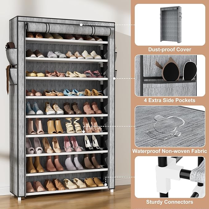 Shoe Rack with Cover Narrow Shoe Organizer with Pockets 10 Tier Tall Shoe Storage Holds 36-41 Pairs Shoes and Boots Shoe Rack for Closet Entryway Garage, Printing
