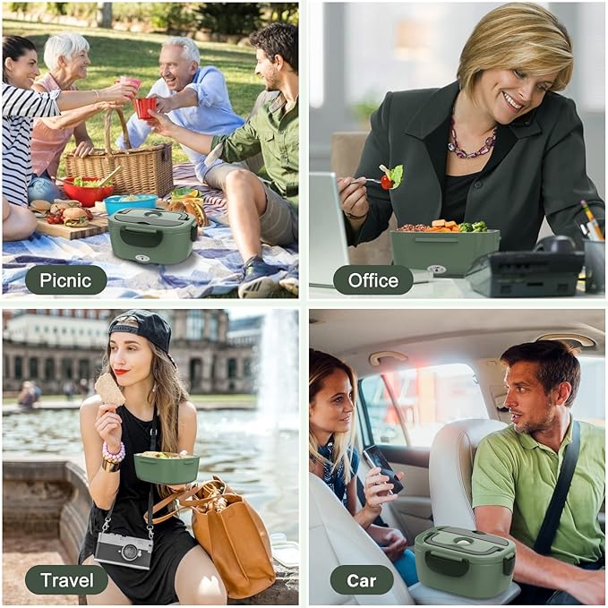 Vabaso Electric Lunch Box for Adults, 80W Heated Lunch Box Portable Food Warmer Lunch Box for Work/Men/Car/Truck with 1.5L 304 Stainless Steel Container Fork & Spoon, 110V/12V/24V