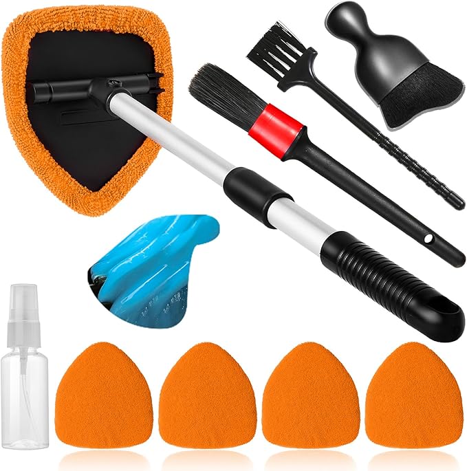 10pcs Windshield Cleaner Tool, Car Window Cleaning Wash Kit with 4 Reusable Microfiber Pads 1 Spray Bottle and Extendable Handle Auto Glass Wiper Kit, Orange