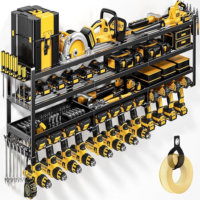 49" W Large Power Tool Organizer Wall Mount, 4 Layer Heavy Duty Loads 800 lbs, Tool Rack Holds 12 Cordless Drills, Large Capacity Battery Holder for Garage Storage, Christmas Gift for Men