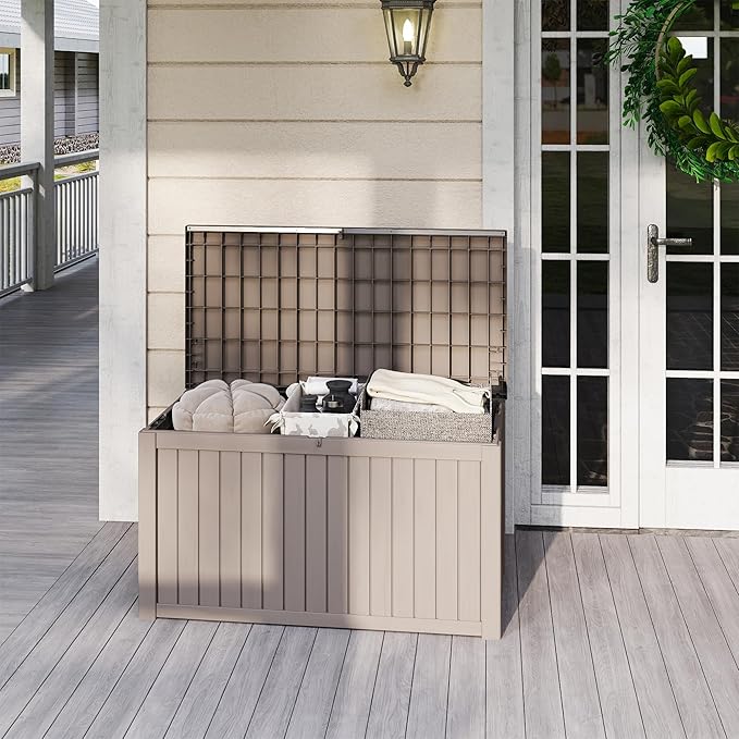 Outdoor Storage Box 180GAL Waterproof Resin Deck Box,UV-Resistant Lockable Package Delivery Bin for Garden Tools,Large Patio Outside Cushions,Pool Accessories Supplies,Chest,Light Coffee