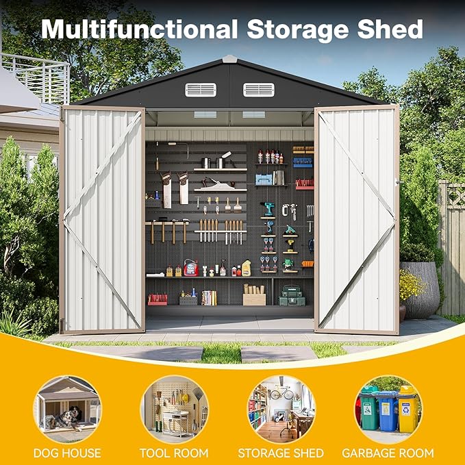 8x6 FT Outdoor Storage Shed with Floor & Lockable Double Doors, Heavy-Duty Galvanized Steel Outdoor Metal Shed for Bike, Tool, Generator Storage in Backyard, Patio (8’x6’, Floor)