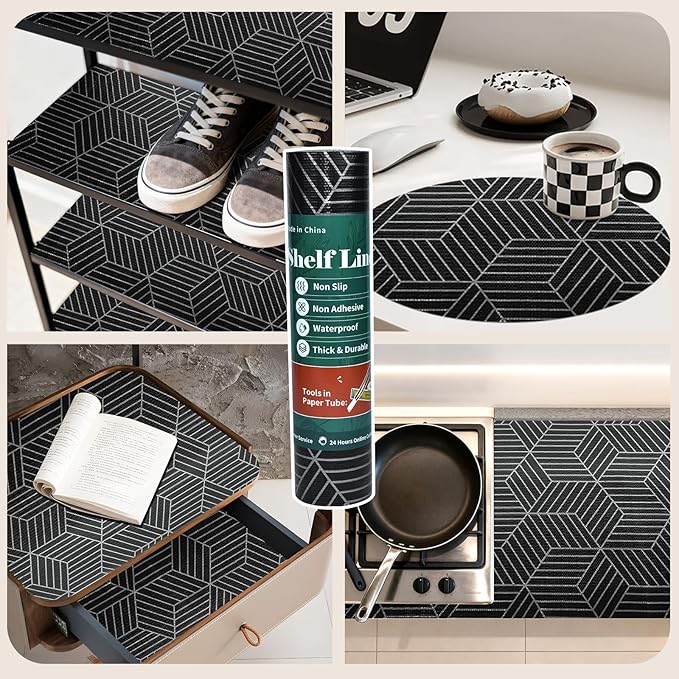 Shelf Liners for Kitchen Cabinets 17.3in x 20FT, Non Adhesive Cabinet Liner Strong Non-Slip Black and Silver Geometric Drawer Liner, Easy to Clean for Cabinet with Knife and Tape Measure