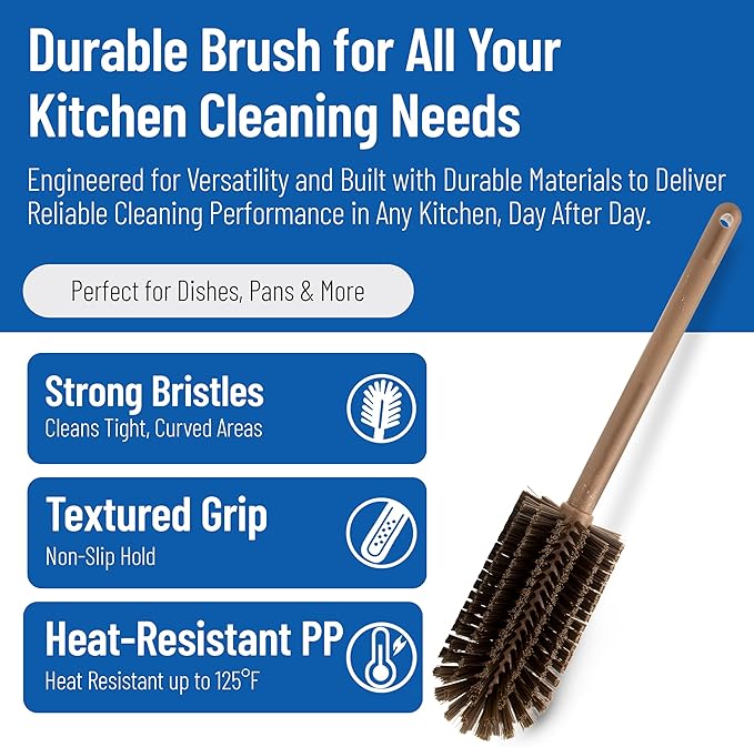 SPARTA Large Water Bottle Brush Ideal for Wide-Mouth Jars, Bottles and Tumblers, Dishwashing Tool with Handle for Home and Commercial Kitchens, Plastic, 16 Inches, Brown