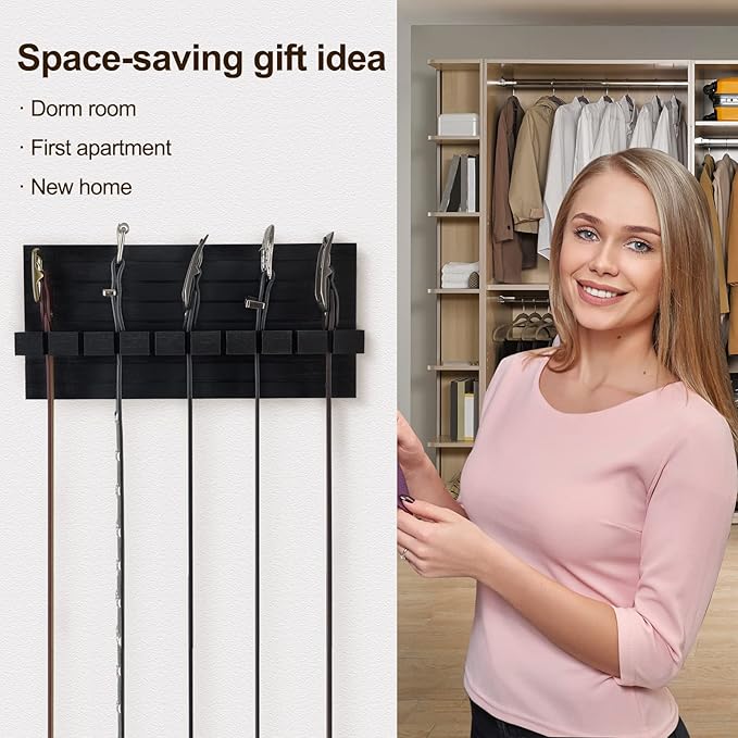 Belt Organizer for Closet, Belt Hanger Wall Mounts to Hold 9 Belts Without Slipping, Space Saving Belt Rack for Closet Organization Includes Mounting Hardware (11.8” x 5.5” x 2.5”) (Black)