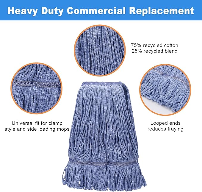 kCarpolyGeneral Cleaning Mop Heavy Duty Commercial Replacement, Heavy Duty Mop Head Commercial Replacement ，Wet Industrial Blue Cotton Looped End String Head Refill (Pack of 3) Blue