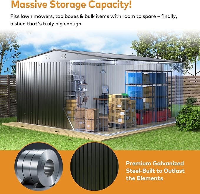 14 x 12FT Outdoor Storage Shed, Metal Waterproof Storage Shed Steel Utility Garden Tool Shed with Door & Lock Outdoor Storage,All-Weather Shelter for Bike, Gardening Tools, Lawn Mowers