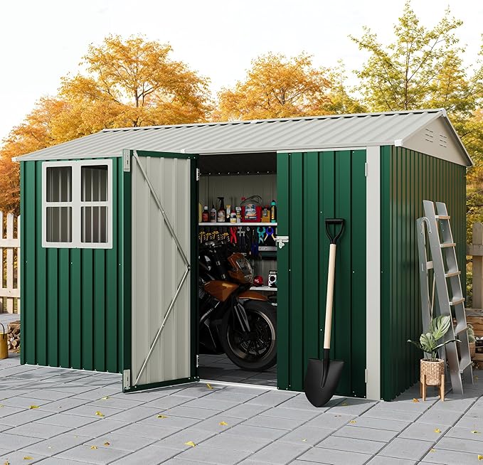 8x10 FT Outdoor Storage Shed,450CU.T Metal Tool Shed with Clear Window, Lockable Doors,Large Garden Storage Box with Sloping Roof，Sheds&Outdoor Storage for Backyard Garden Patio Lawn, Green