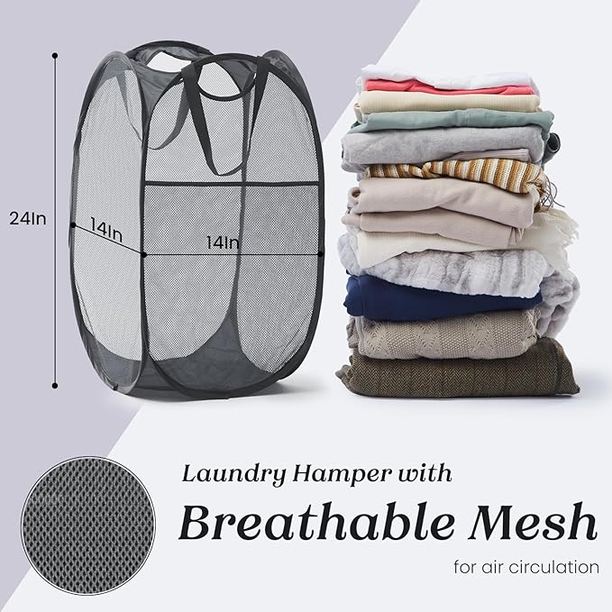 TECHMILLY Collapsible Mesh Pop Up Laundry Hamper with Sturdy Handles and Side Pocket - Portable Foldable Clothes Baskets for Dorm, Bathroom & Travel Storage (Grey)