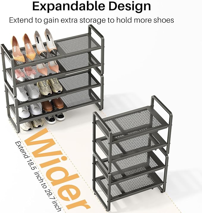 Shoe Rack - Expandable Shoe Organizer for Closet, Adjustable Metal Shoe Shelf Storage, Stackable Long Shoe Stand Holder for Garage, Entryway, Door Entrance (Grey, 4-Tier)
