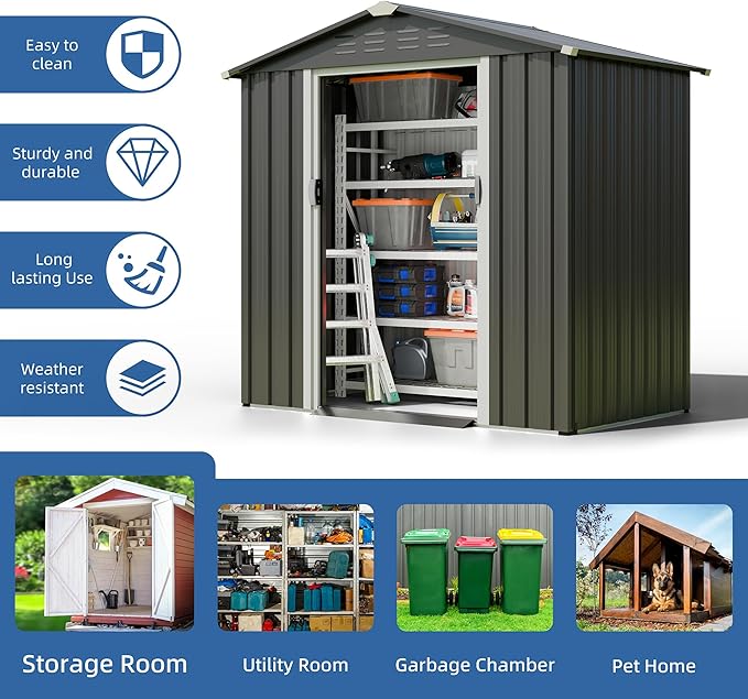 JYQAQA 6x4 FT Outdoor Garden Storage Shed,Waterproof Metal Garden Sheds with Lockable Double Door,Weather Resistant Steel Tool Storage Shed for Patio,Lawn Gray