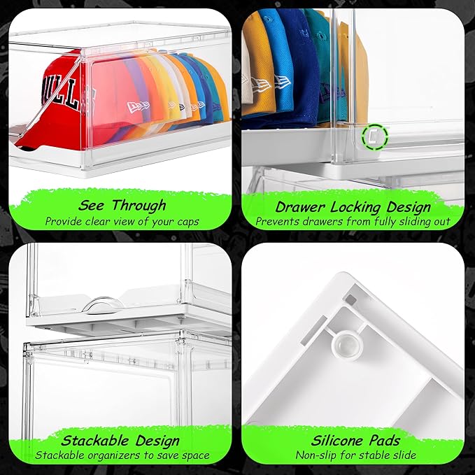 Vtopmart 4 Pack Hat Organizer for Baseball Caps, Clear Hats Holder Box with Drawer, Large Cap Storage with Sliding Tray, Stackable Rack Display Case with Magnetic Door, Each Holds 12 Hats