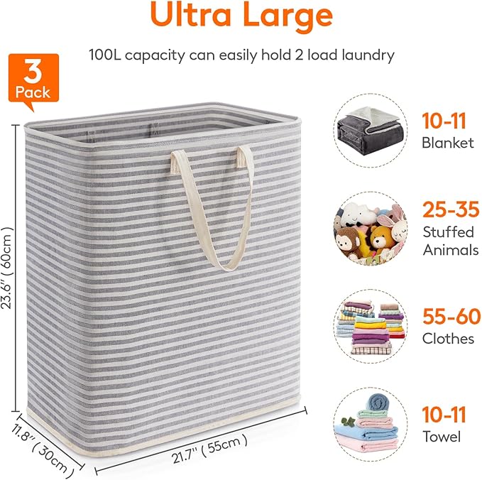 Lifewit 3 Pack Laundry Hamper Large Collapsible Laundry Baskets, Freestanding Waterproof Clothes Hamper with Easy Carry Handles in Laundry Room Bedroom Bathroom College Dorm, Grey, 3 x 100L